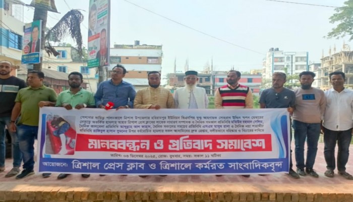 সাংবাদিকের ওপর হামলার প্রতিবাদে ত্রিশালে মানববন্ধন