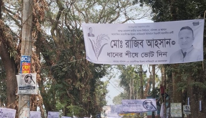​মেহেন্দিগঞ্জে জামায়াতের সমাবেশস্থলে সাটানো হয়েছে ধানের শীষের ফেষ্টুন ব্যানার