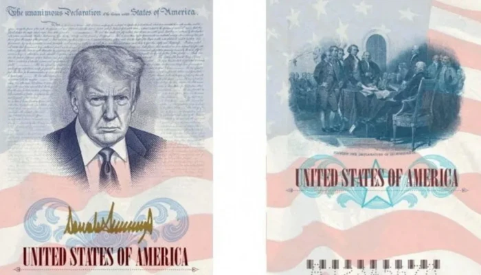 যুক্তরাষ্ট্রের পাসপোর্টে নিজের ছবি সংযুক্ত করছেন ট্রাম্প