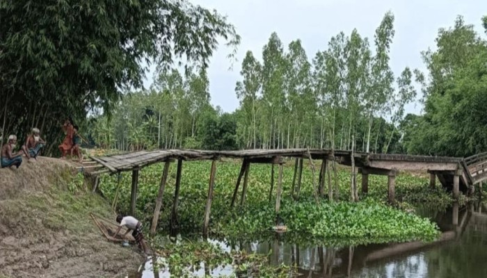 ভাঙা সেতুতে উঠতে লাগে কাঠের নড়বড়ে সাঁকো